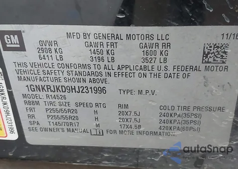 2017 Chevrolet Traverse Premier from USA, damaged, VIN 1GNKRJKD9HJ231996